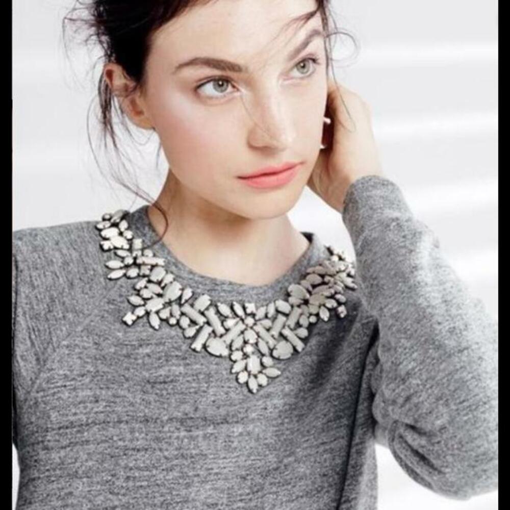 (Gb17) J Crew Bib Necklace Sweatshirt Womens Heather Gray Pullover Beade…
